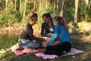 three young hotties spending time in the forest